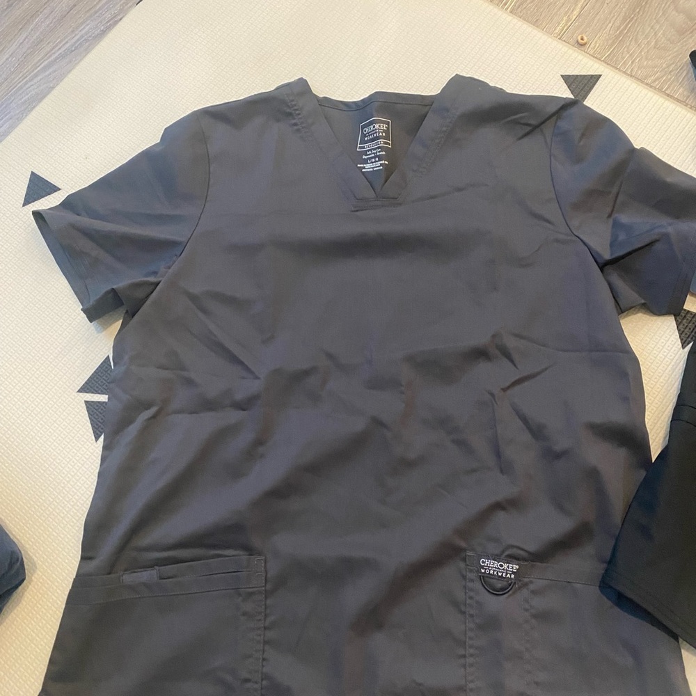 Two Cherokee scrubs tops NWT never worn grey and black size large